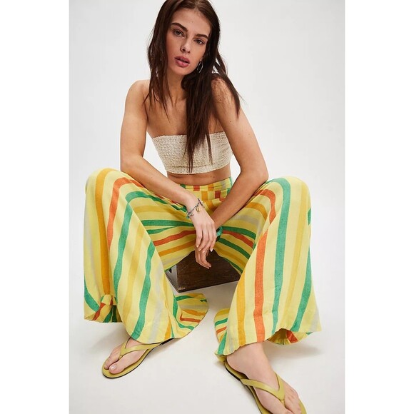 Free People Free-est Vacay Rhythm Striped Print Trousers Pants Wide Leg S 284102 - Picture 2 of 10